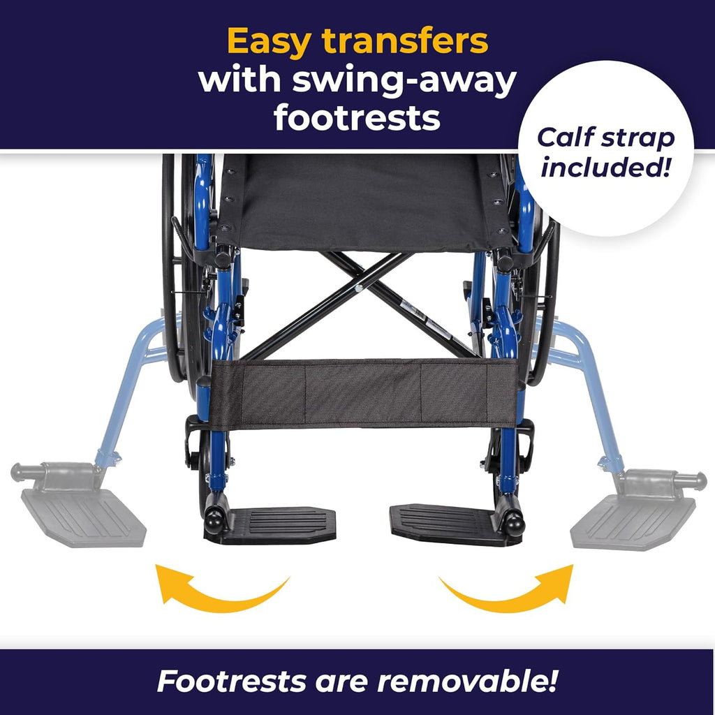 Blue Streak Lightweight Wheelchair - Portable Folding Mobility Aid - Swing-Away Footrests - Desk Arms - Durable Steel Frame - Easy Transport & Storage - 16-Inch Seat