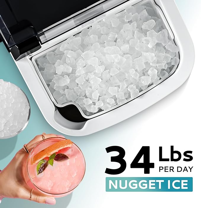 Ice Maker Countertop with Handle, Ready in 6 Mins, 34lbs Per Day, Removable Top Cover, Auto-Cleaning, Portable Sonic Ice Maker with Basket and Scoop, for Home/Party/RV/Camping (Black)