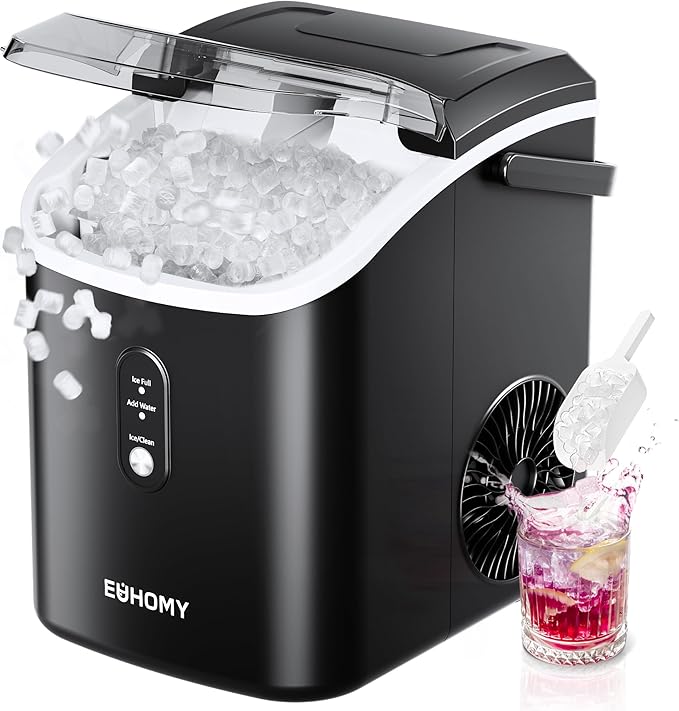 Ice Maker Countertop with Handle, Ready in 6 Mins, 34lbs Per Day, Removable Top Cover, Auto-Cleaning, Portable Sonic Ice Maker with Basket and Scoop, for Home/Party/RV/Camping (Black)