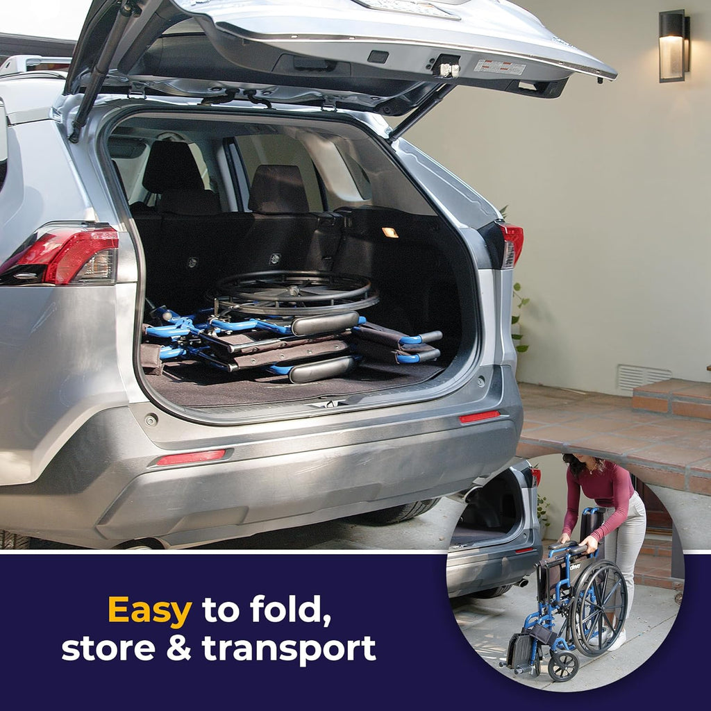 Blue Streak Lightweight Wheelchair - Portable Folding Mobility Aid - Swing-Away Footrests - Desk Arms - Durable Steel Frame - Easy Transport & Storage - 16-Inch Seat
