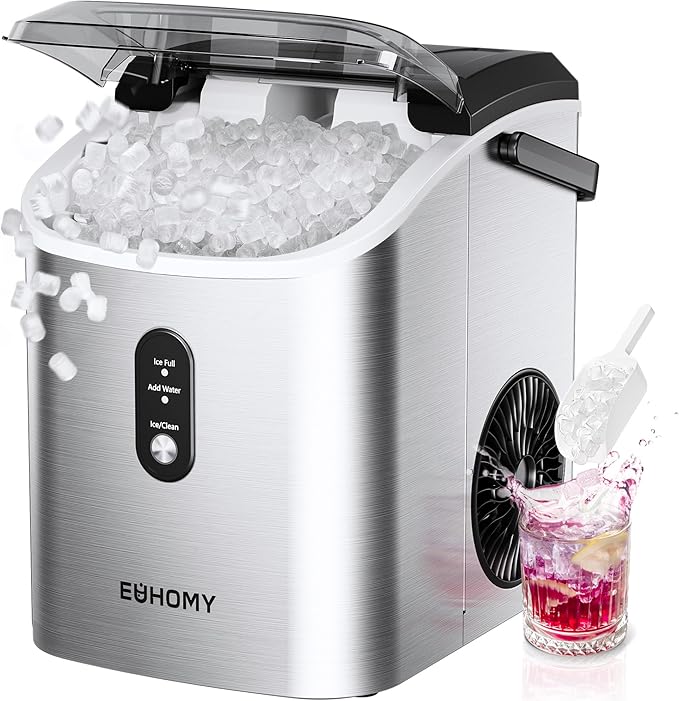 Ice Maker Countertop with Handle, Ready in 6 Mins, 34lbs Per Day, Removable Top Cover, Auto-Cleaning, Portable Sonic Ice Maker with Basket and Scoop, for Home/Party/RV/Camping (Black)